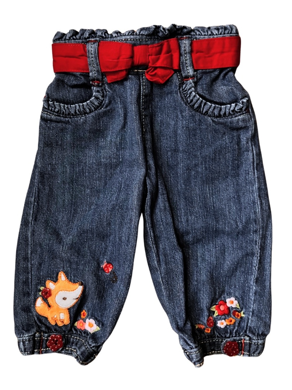 Gymboree Embroidered Fox Denim Jeans Infant Baby Girl 6-12M Red Bow Floral Cute